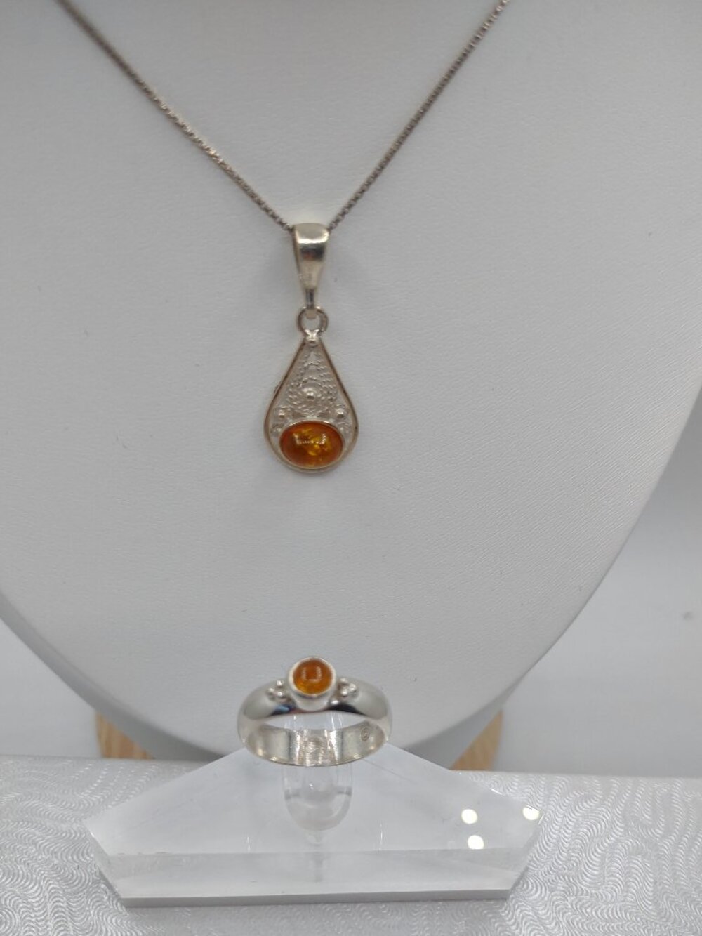 3-PC Set- Amber Stone Pendant + Chain + Ring Sz 6.5 Sterling Silver 925 Vintage